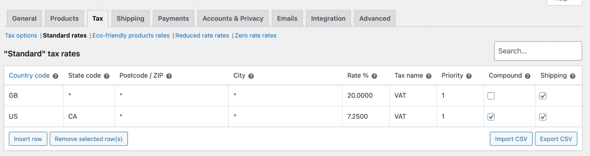 WooCommerce tax settings page showing the tax rate details for the UK