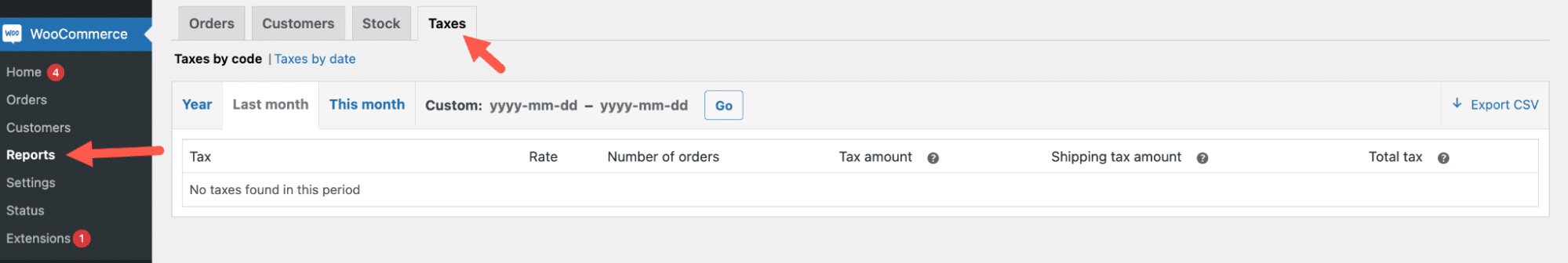 Page des rapports de taxes de WooCommerce.