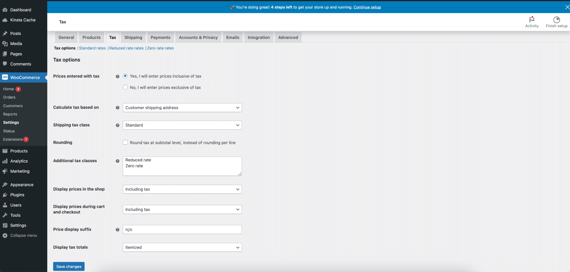 Options de taxes de WooCommerce.