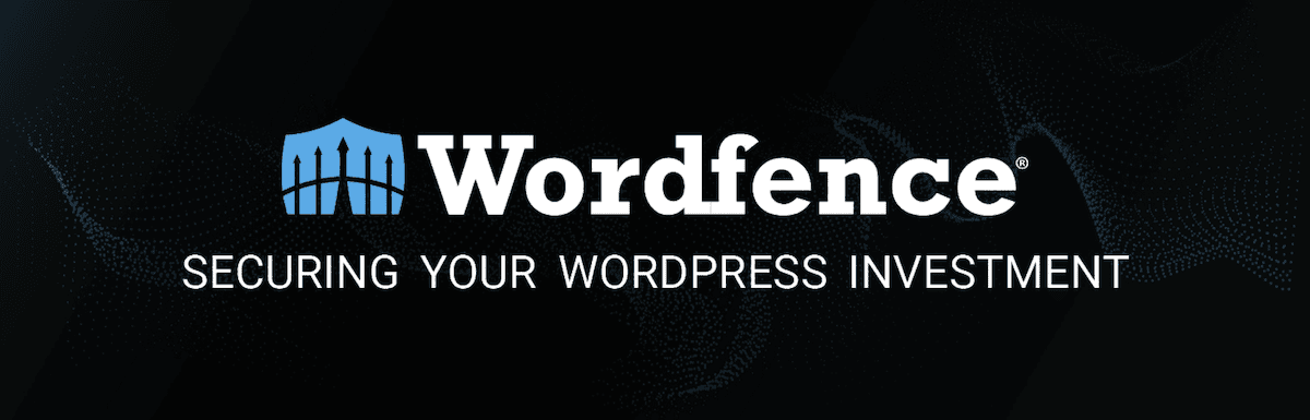 A promotional banner for the Wordfence plugin. The banner features a sleek dark background The plugin's name is prominently displayed in white text, accompanied by the tagline 
