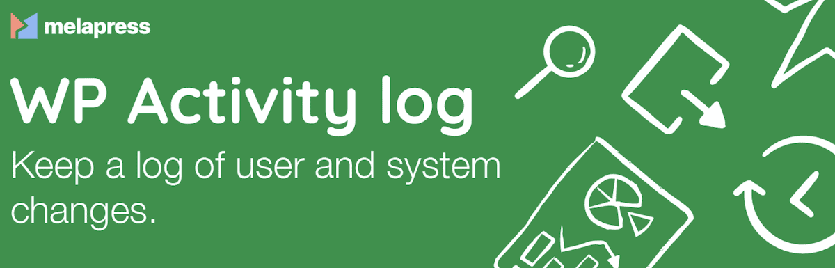 Una imagen de banner para el WP Activity Log de Melapress. Tiene un fondo verde vibrante e incorpora contornos blancos limpios de iconos y elementos de diseño reconocibles. El eslogan del plugin dice "Mantén un registro de los cambios del usuario y del sistema".