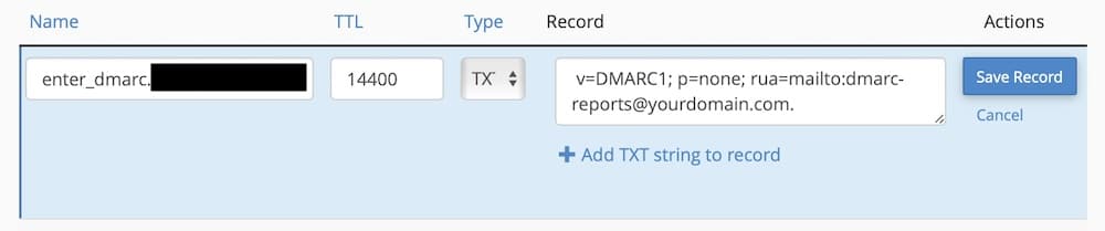 Voeg DMARC toe als een TXT DNS record.