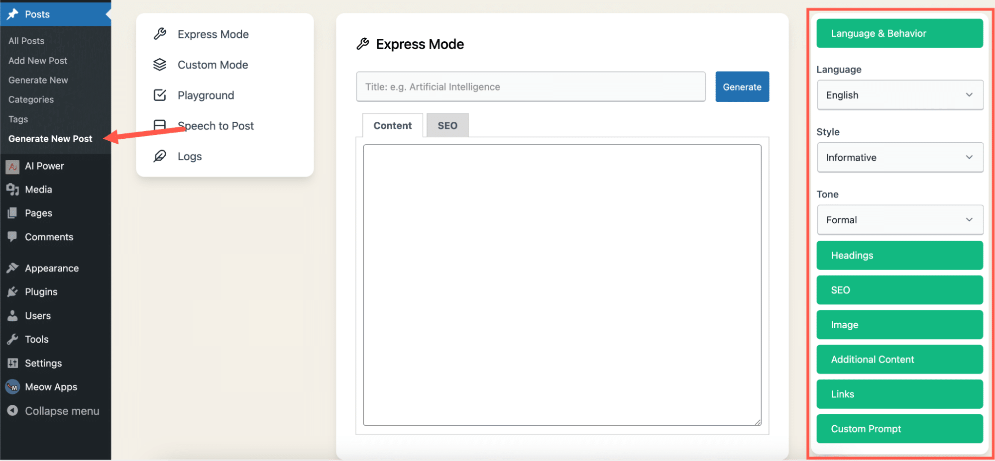 Interfaccia del plugin AI Power per generare un nuovo post con ChatGPT