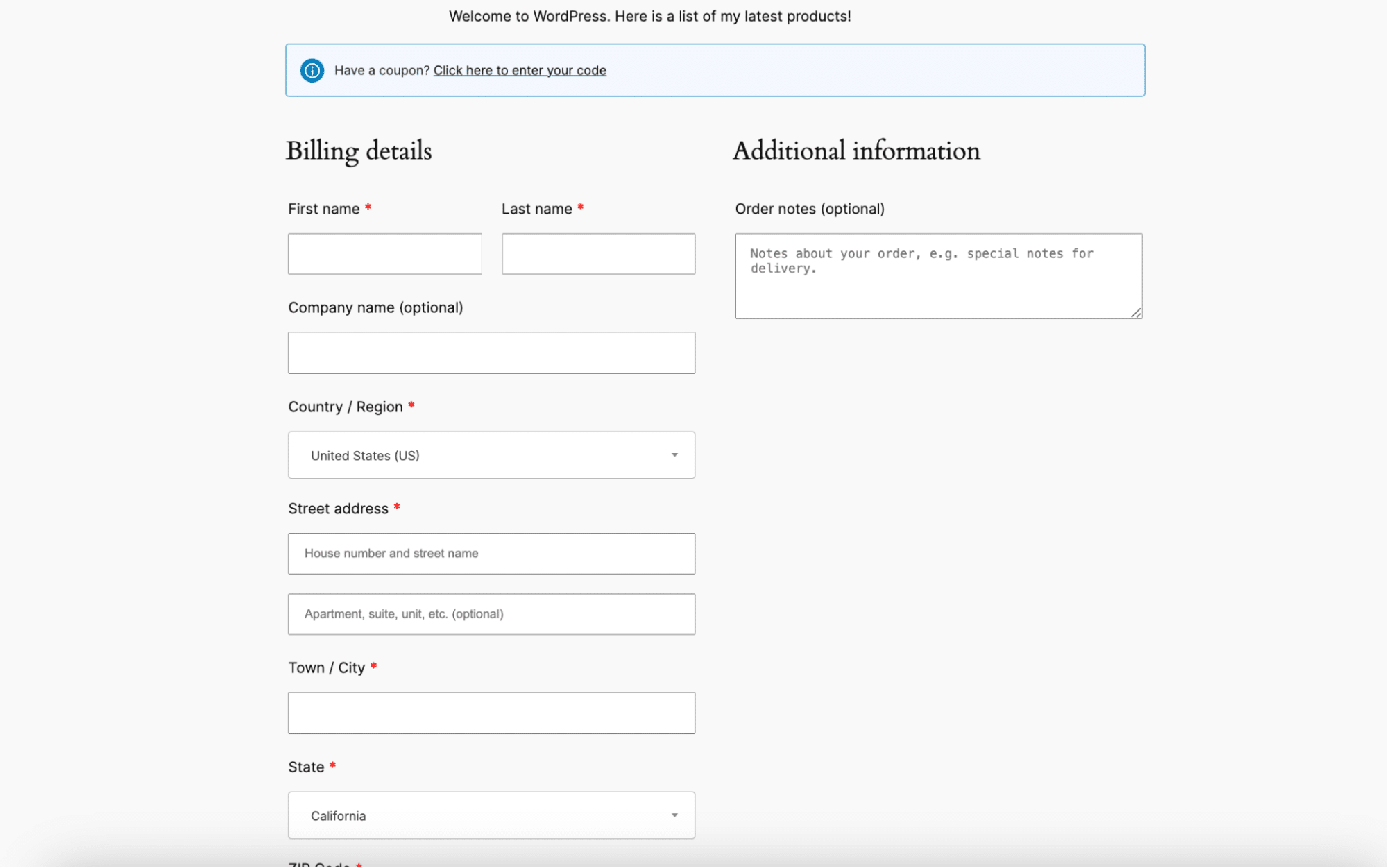 Code court pour afficher la page de commande.