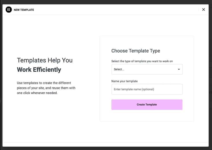 Scegliere il tipo di template in Elementor.