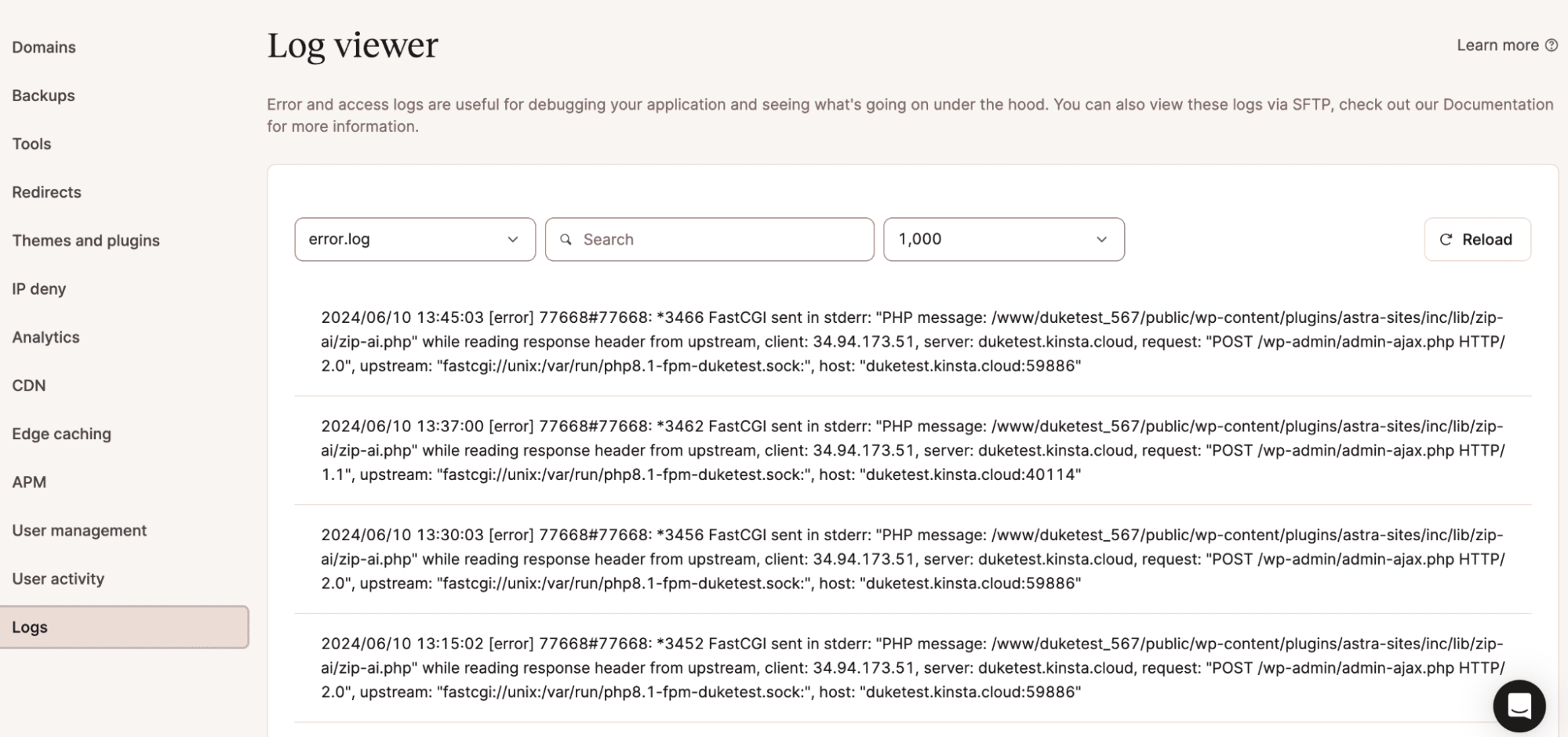 WordPress site's MyKinsta error log