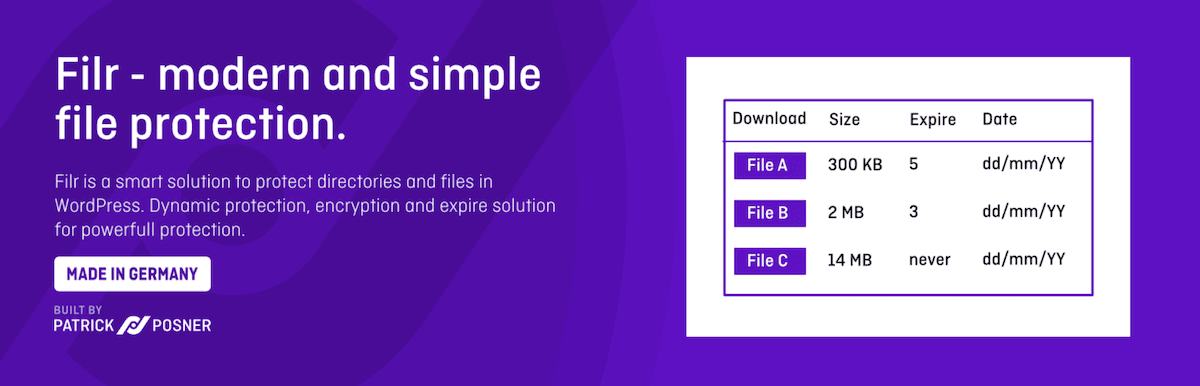 The Filr plugin header image from WordPress.org. It shows a purple background, containing a white table with details about files named File A, File B, and File C, including their download size in kilobytes or megabytes, days until expiration, and expiration date in the format dd/mm/YY.