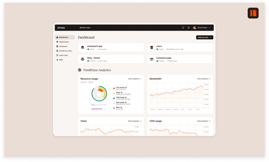 Schermata della dashboard principale di MyKinsta