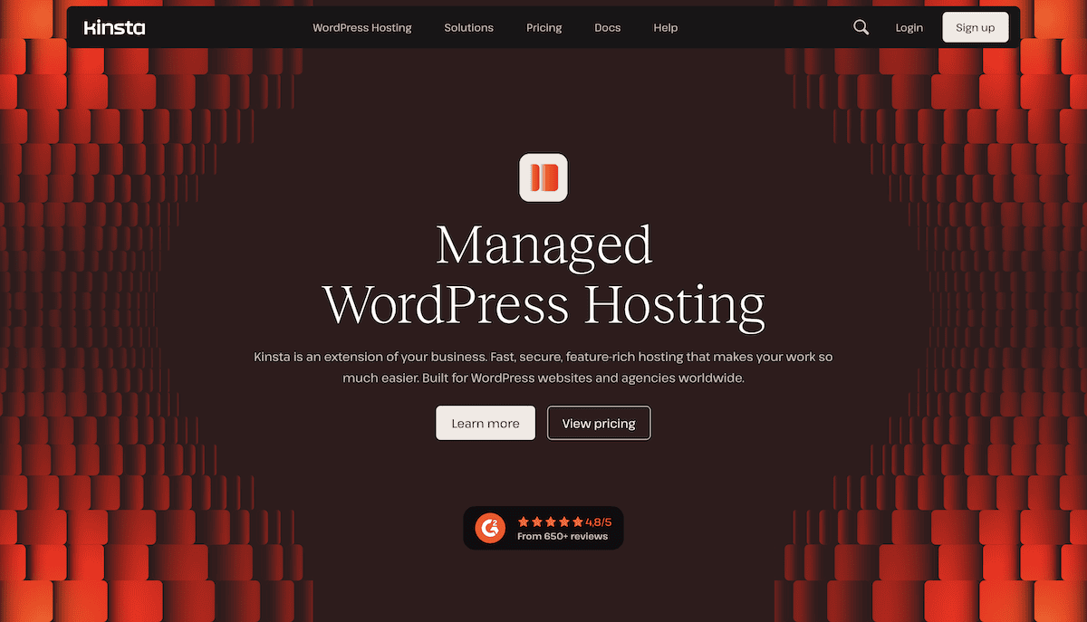 The Kinsta home page. It consists of a dark red background with vertical rectangular shapes resembling a curtain. The Kinsta logo and navigation menu are at the top. The main content area features white text that says "Managed WordPress Hosting" and describes Kinsta as "an extension of your business" providing "fast, secure, feature-rich hosting that makes your work so much easier." Below this are two buttons labeled "Learn more" and "View pricing", along with a star rating of 4.8/5 from 650+ reviews.