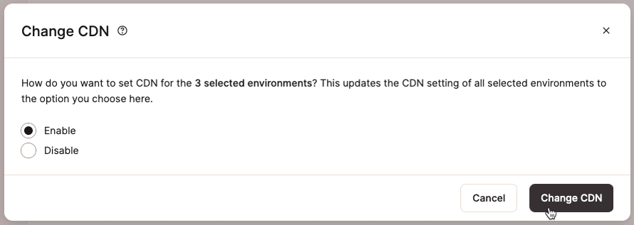 Screenshow showing the Change CDN Bulk Actions dialog.