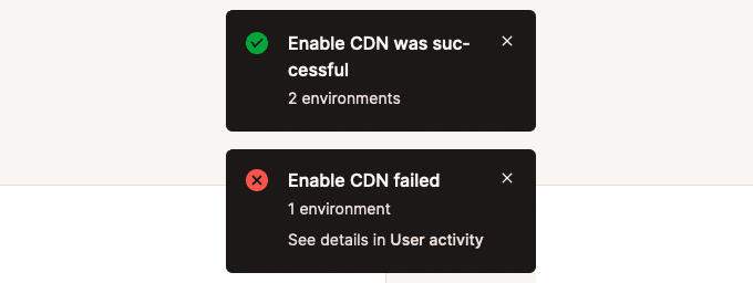 Relatórios de status para dois ambientes que suportam o CDN e um que não suporta.