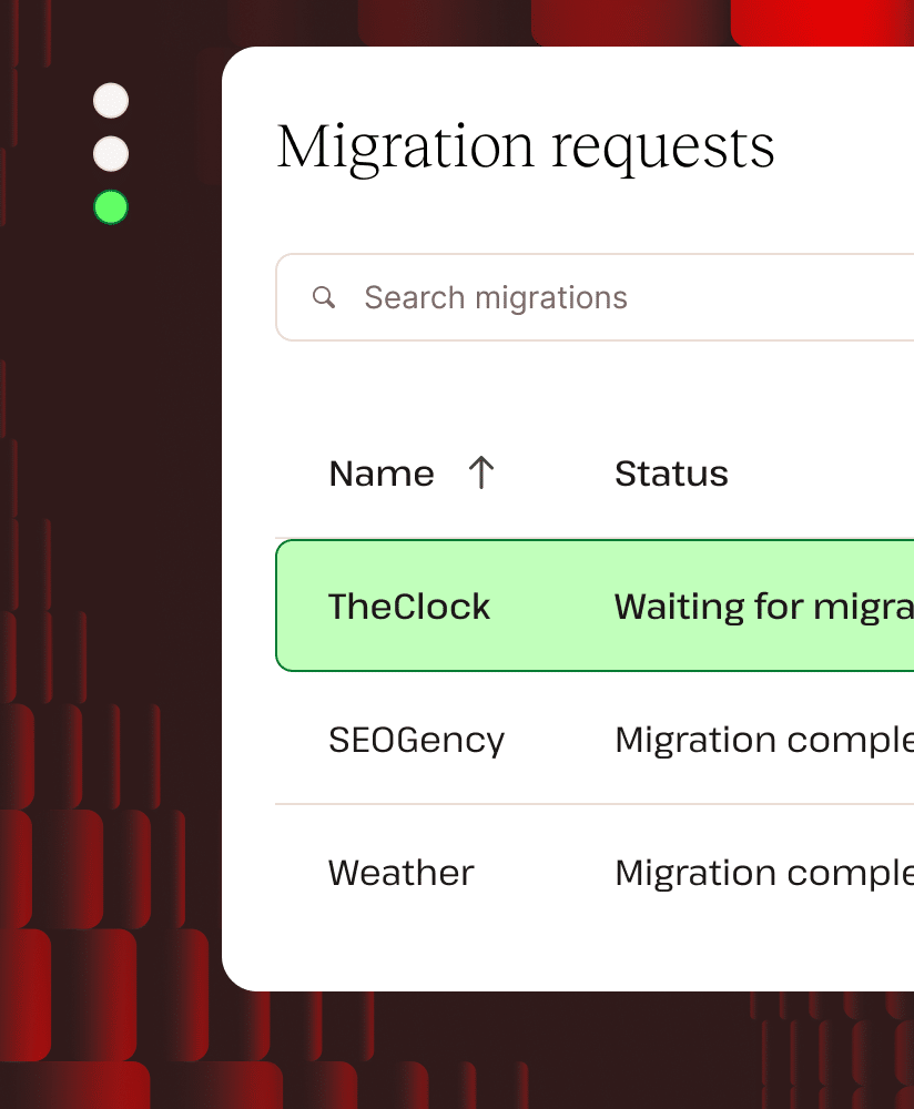 Screenshot showing websites in MyKinsta and their migration status