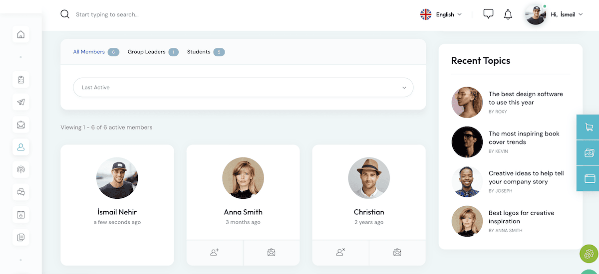 Uma interface de intranet com abas na parte superior para Todos os Membros, Líderes de Grupo e Alunos. Ela mostra o número de membros ativos. Fotos de perfil e nomes são exibidos para três membros: Ismail Nehir, Anna Smith e Christian. No lado direito são exibidas sugestões de tópicos, como "O melhor software de design para usar este ano" e "As tendências mais inspiradoras de capas de livros".