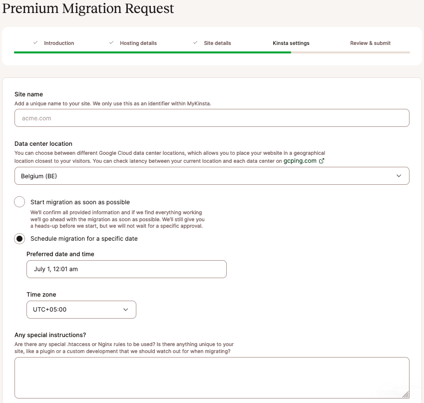 Choix des options de planification pour la migration d'un site 