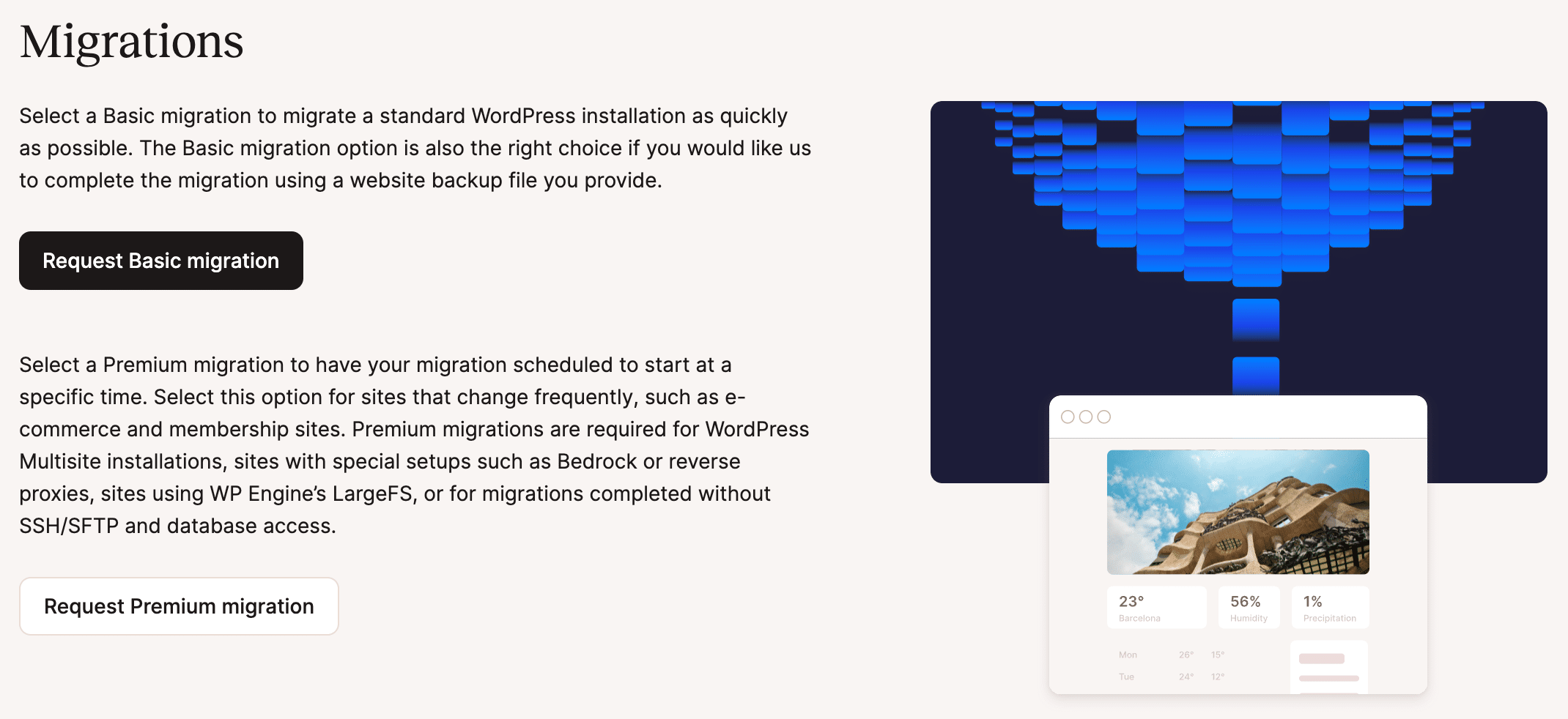 Screenshot showing the interface for choosing basic or premium WordPress migrations.