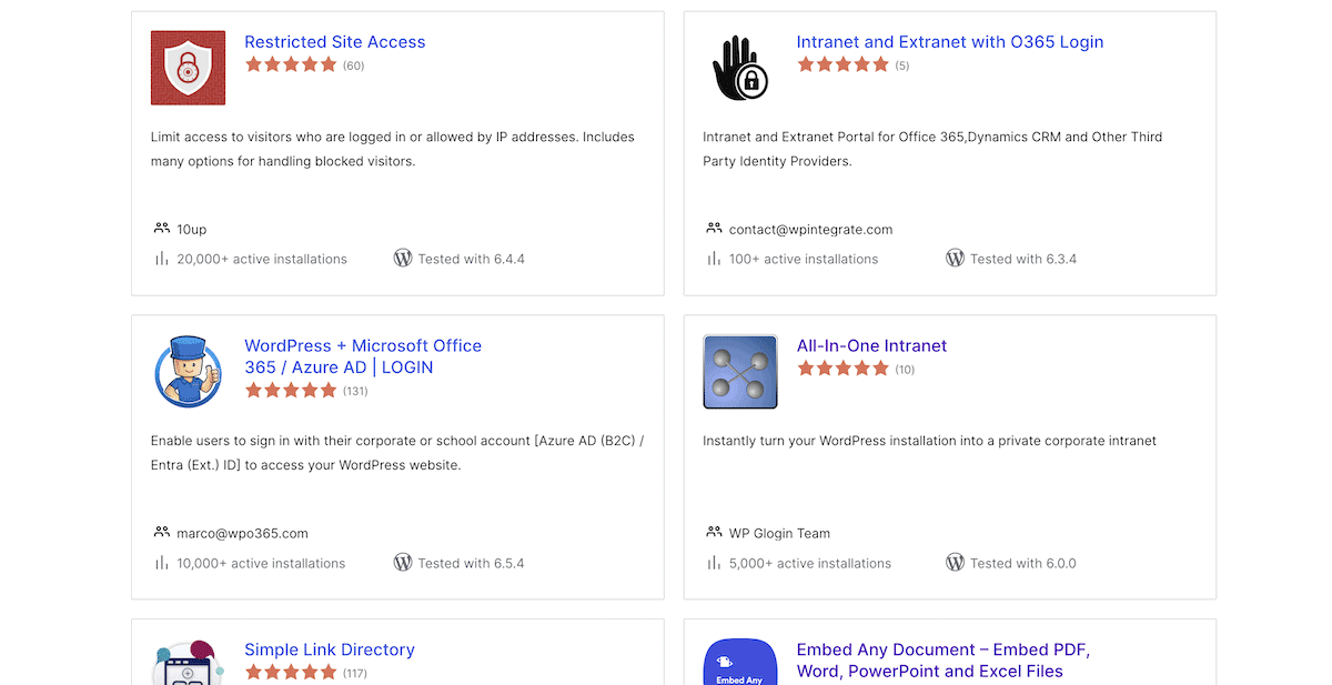 De resultaten van een zoekopdracht in de WordPress Plugin Directory. Het toont een lijst van zes WordPress plugin kaarten met details en beoordelingen voor elk. De getoonde plugins zijn Restricted Site Access, Intranet en Extranet met 0365 Login, WordPress + Microsoft Office 365 / Azure AD | LOGIN, All-In-One Intranet, Simple Link Directory en Embed Any Document - PDF-, Word-, PowerPoint- en Excel-bestanden insluiten.