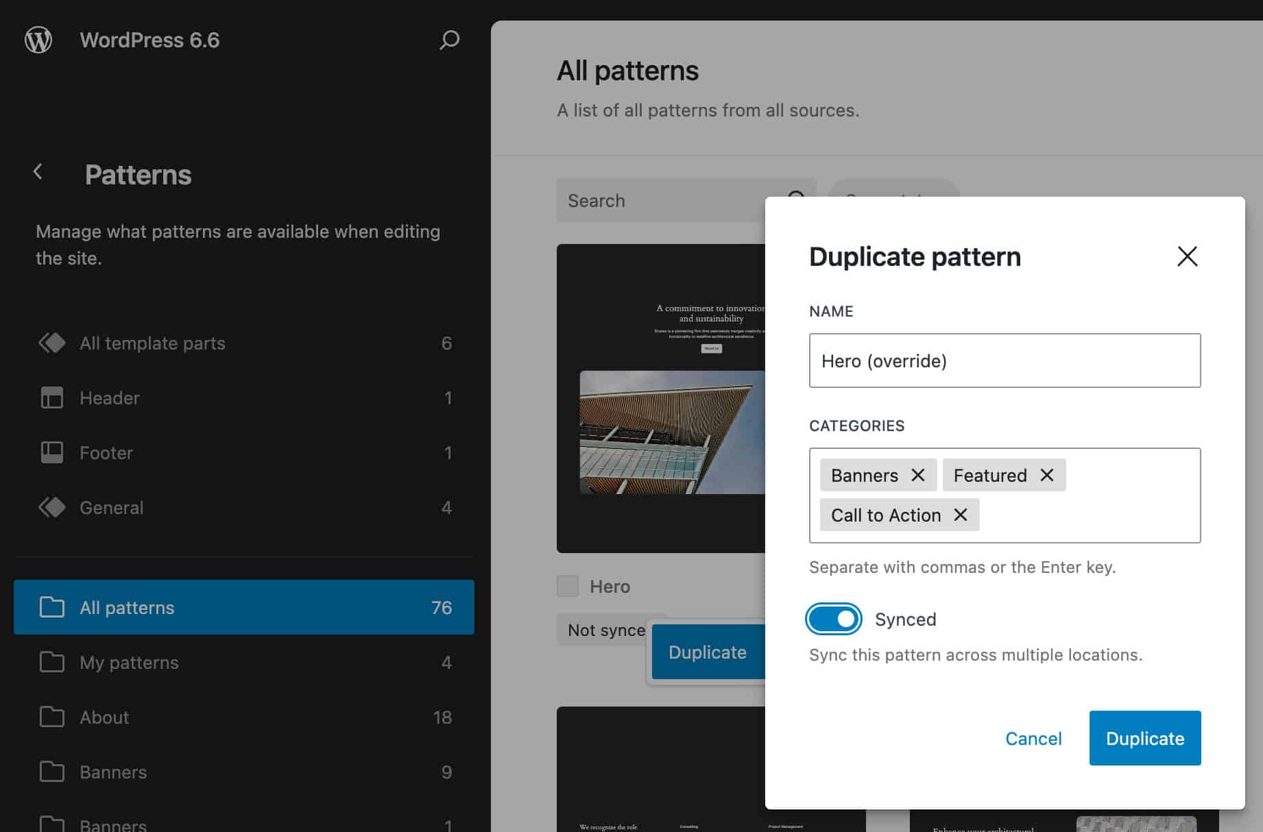 Pattern dupliceren in de Site Editor