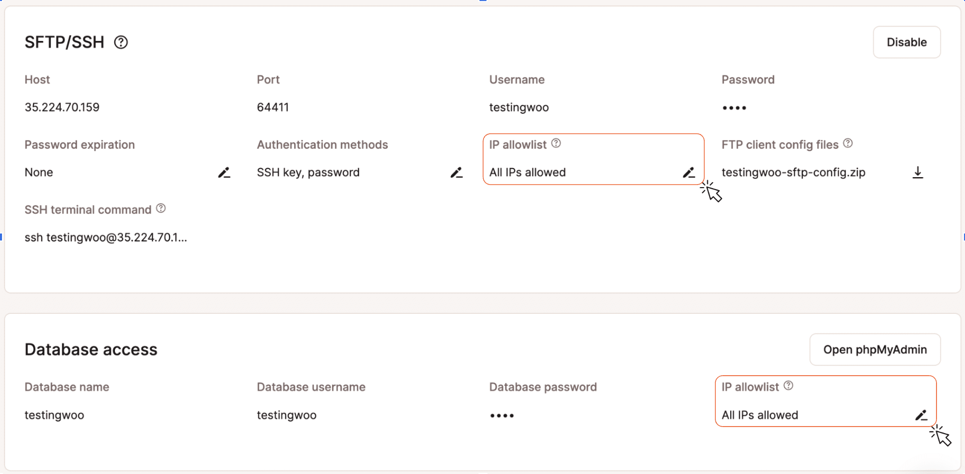 Cliquez sur l'icône d'édition pour gérer une liste d'adresses IP autorisées pour SFTP/SSH et la base de données.