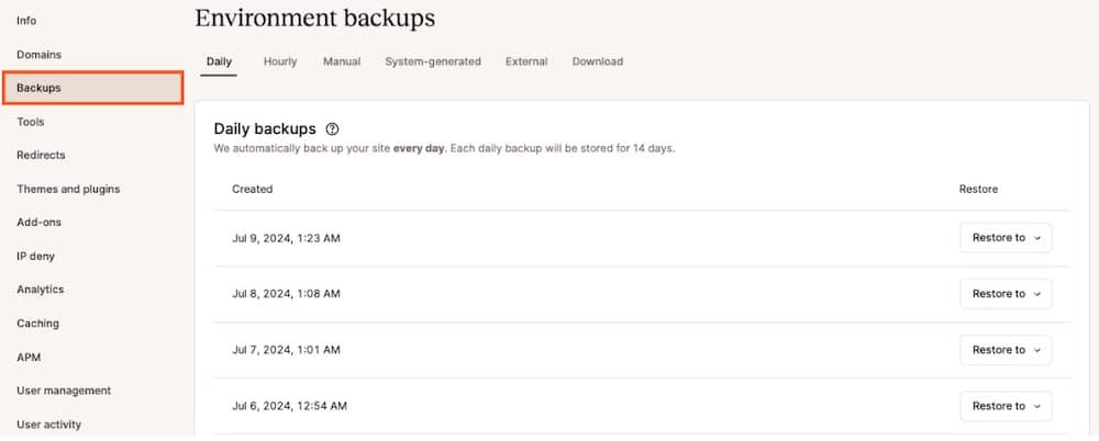 accedere ai backup in MyKinsta