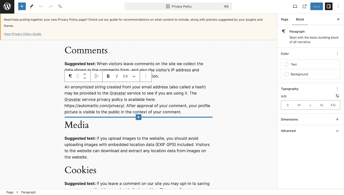 The WordPress Block Editor interface for a Privacy Policy page. The content area shows sections on Comments, Media, and Cookies with suggested text. A sidebar on the right offers block editing options for typography and styling.