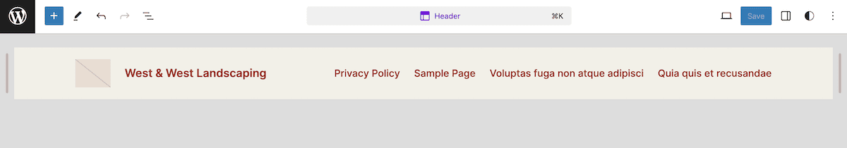 The WordPress Site Editor showing a header Block Pattern containing menu items, a site title, logo placeholder, and links to a Privacy Policy, Sample Page, and two other Latin placeholder text items. The WordPress interface controls are visible at the top of the image.