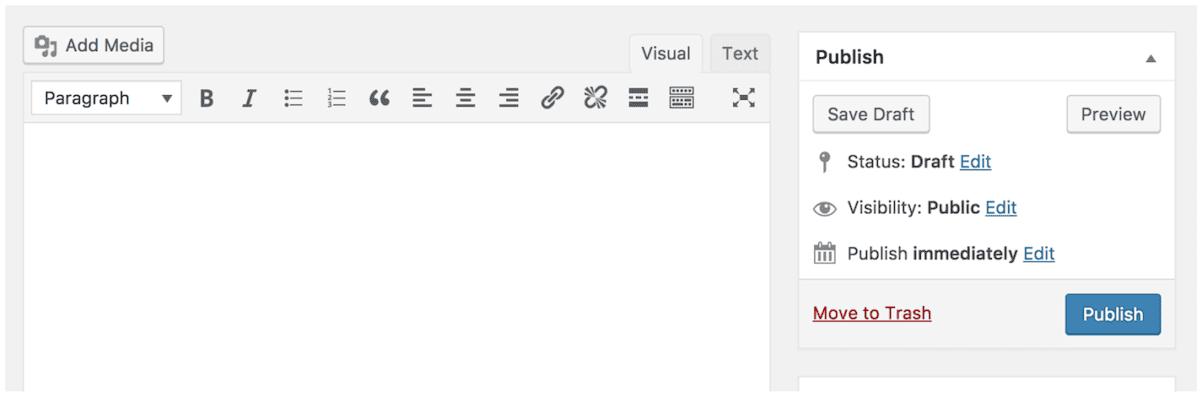 The WordPress Classic Editor interface. It shows the visual and text editing tabs, formatting options, and publishing settings. The status is set to Draft and visibility to Public.