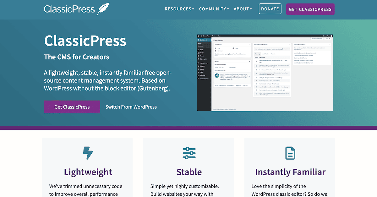 The ClassicPress website homepage. It features a teal and green gradient background with white text describing ClassicPress as The CMS for Creators. There is an image of the ClassicPress dashboard and buttons to download or switch from WordPress.