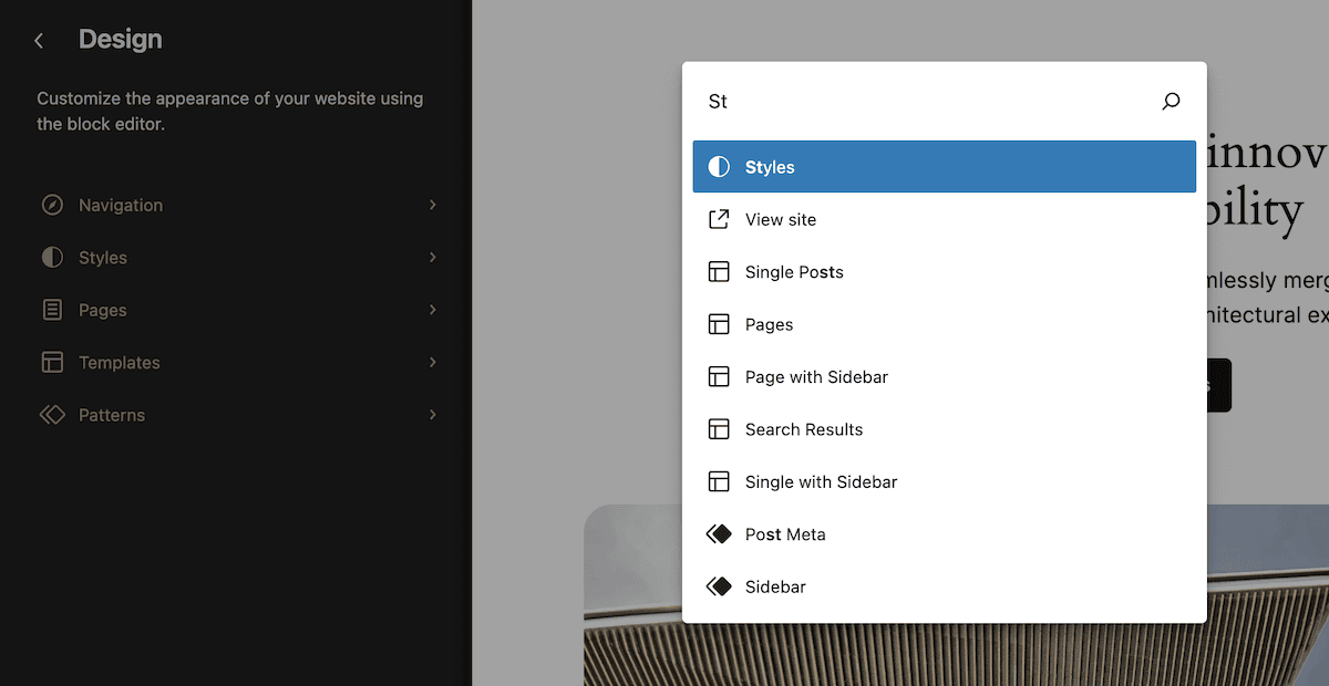 The Command Palette within the Site Editor. The drop-down menu shows options such as Styles, Single Posts, Pages, Sidebar, and Post Meta, among others.