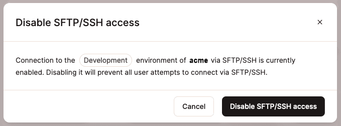 Um usuário é solicitado a confirmar ao desabilitar o acesso SFTP/SSH em um ambiente WordPress.