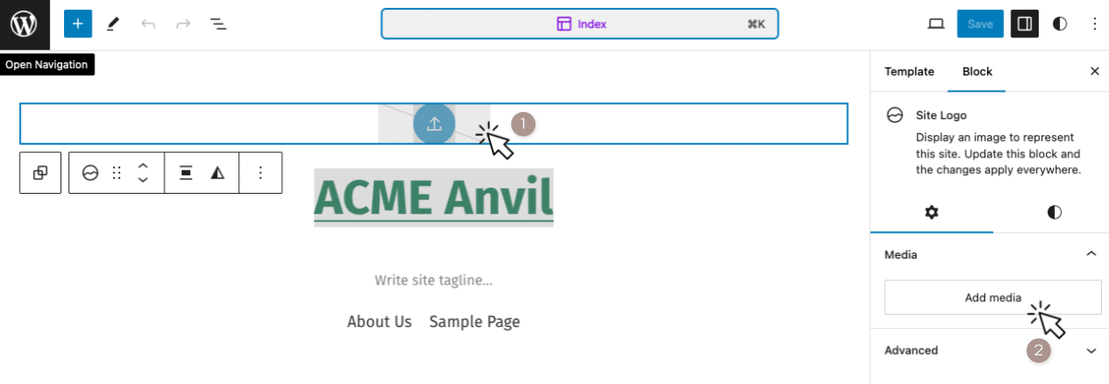 Screenshot showing a logo being added to a header within the Site Editor.