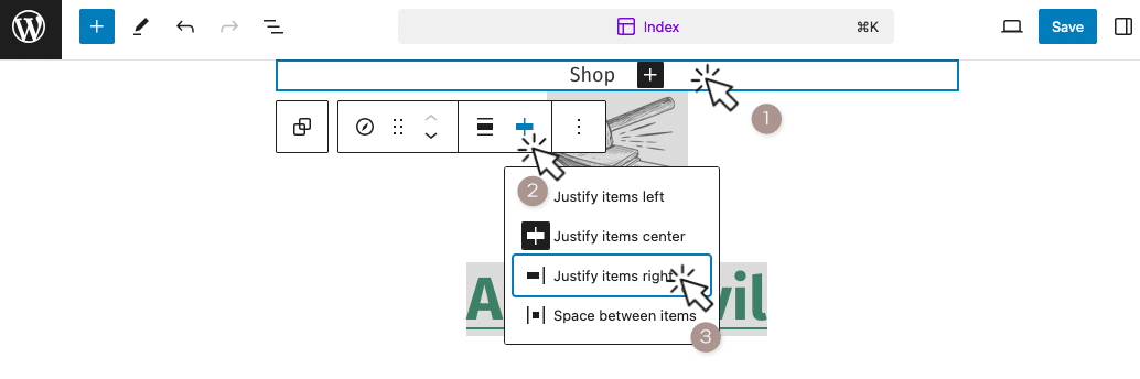 Screenshot showing the justification tools for a block in the WordPress Site Editor.