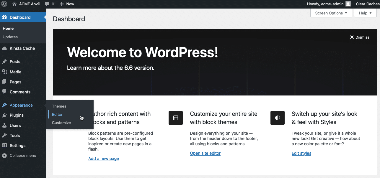 Screenshot showing the WordPress admin panel and the Appearance menu.