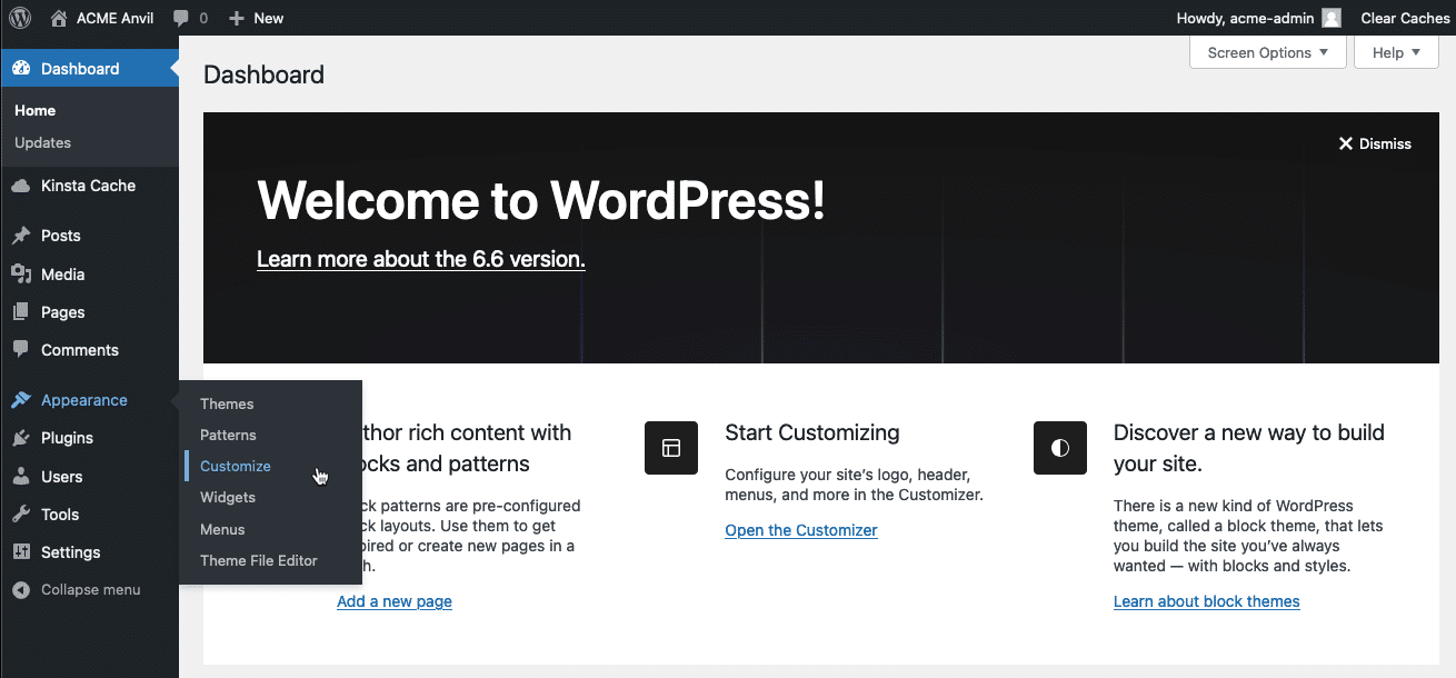 Screenshot van het beheerpaneel van WordPress en het menu Uiterlijk voor een klassiek thema.