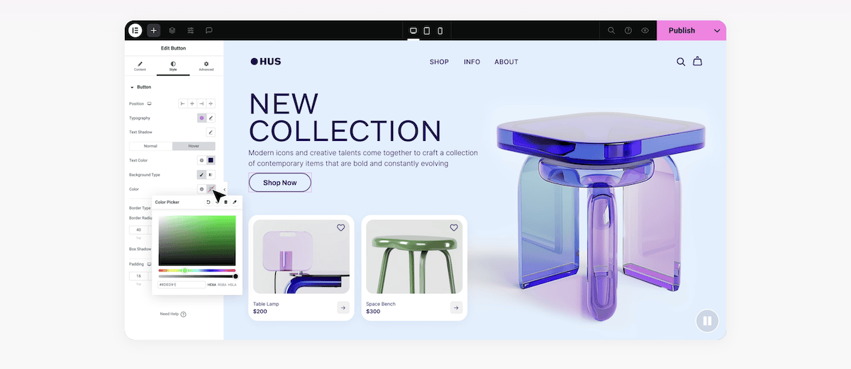 The Elementor interface showing a furniture store homepage design. The page features a New Collection section with product images and descriptions, including a table lamp for $200 and a space bench for $300. A large purple acrylic side table is showcased on the right. The interface includes editing tools and color pickers on the left-hand side.
