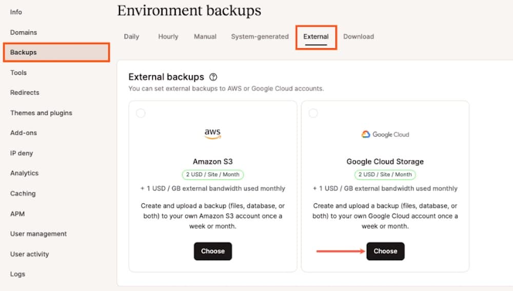 Recursos de backup da kinsta - backups externos