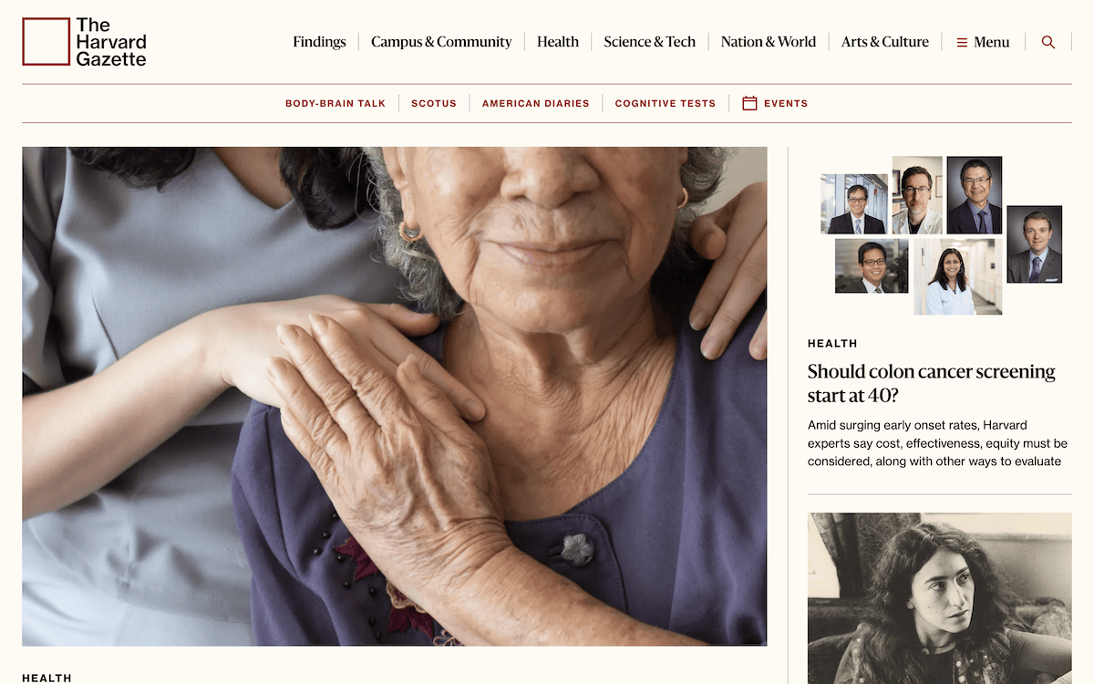 The Harvard Gazette home page, showing a large hero image of an older woman, and a sidebar of current news articles, complete with featured images.