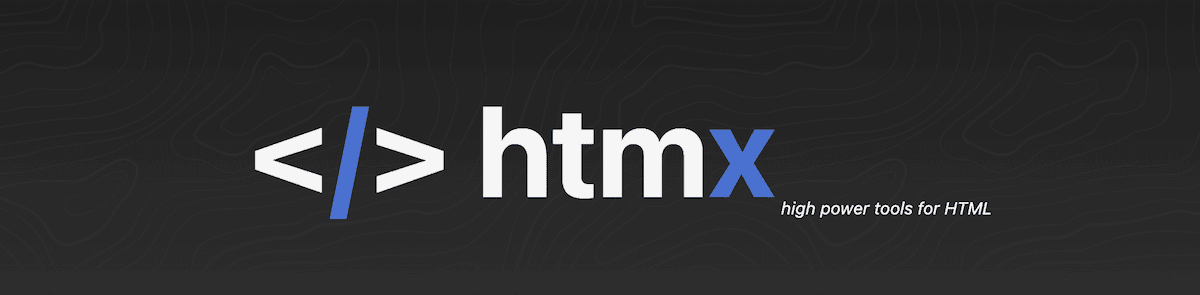 The HTMX logo, which consists of the text "htmx" in white letters, with angle brackets on either side representing HTML tags. The "x" in "htmx" is colored blue for emphasis. Below the main text is a tagline that reads "high power tools for HTML". The logo is set against a dark background, creating a striking contrast.