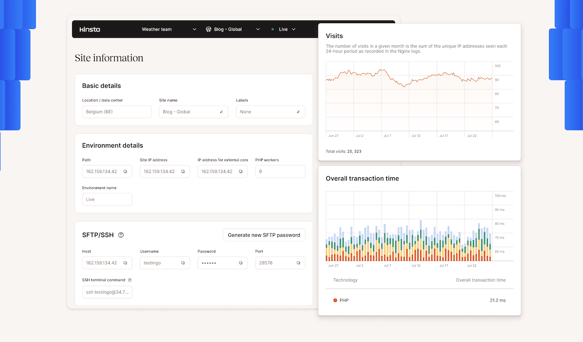 The Kinsta home page showing the MyKinsta dashboard. It includes basic details such as location (Belgium) and site name, environment details with IP addresses, SFTP/SSH connection information, and two graphs. One graph shows site visits over time, and the other shows overall transaction time broken down by technology components.
