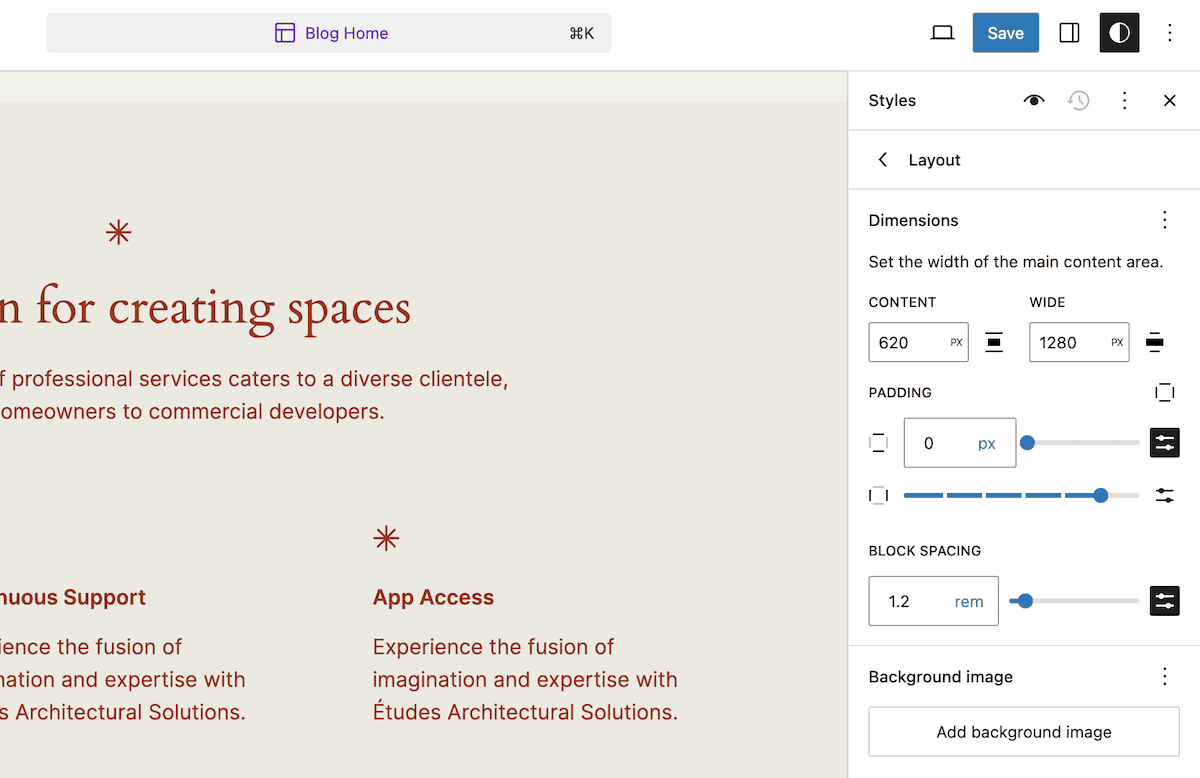 A screenshot of the WordPress Site Editor interface showing layout customization options. The main content area displays a heading "for creating spaces" with some descriptive text. The right-hand sidebar shows layout settings for adjusting content width, padding, and block spacing.