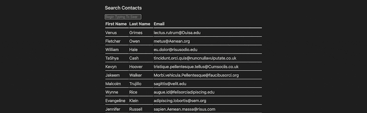 A GIF of a dynamic search dialog using HTMX with a dark background. It displays a table of contacts, showing first names, last names, and email addresses for multiple individuals. The table includes 10 rows of sample contact information.