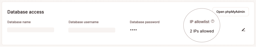 Screenshot showing a database access panel in MyKinsta a report of two addresses in an IP allowlist.