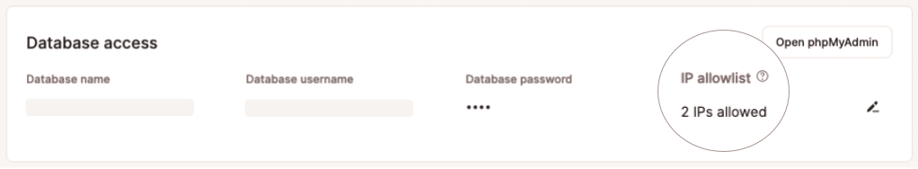 Schermata che mostra un pannello di accesso al database in MyKinsta un report di due indirizzi in una allowlist IP.