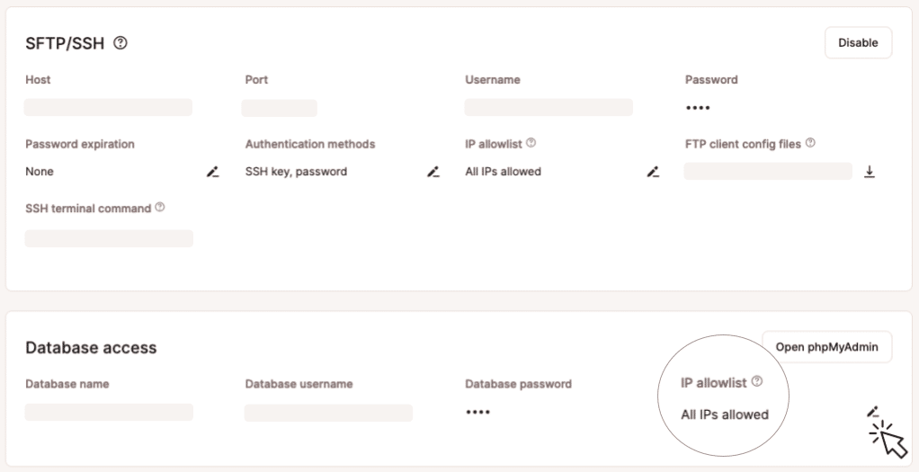 Screenshot showing the database access panel in MyKinsta and the edit icon for an IP allowlist.