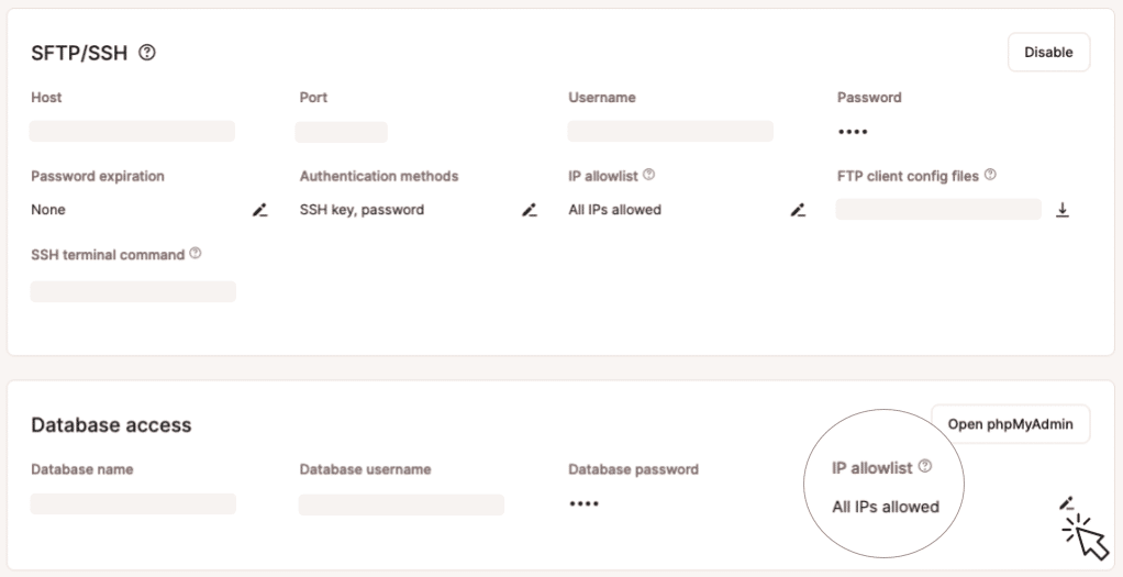 Schermata che mostra il pannello di accesso al database in MyKinsta e l'icona di modifica di una allowlist IP.