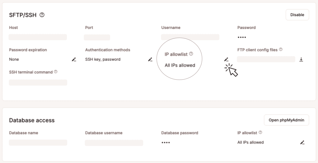 Screenshot van het SFTP/SSH-venster in MyKinsta en het bewerkingspictogram voor een IP toestemmingslijst.