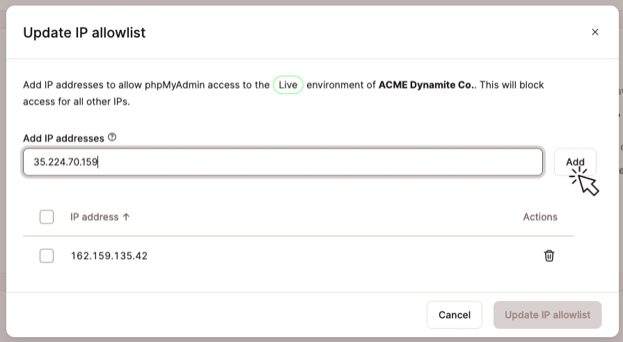 Captura de tela mostrando a janela de diálogo ou edição de listas de IPs permitidos no MyKinsta.