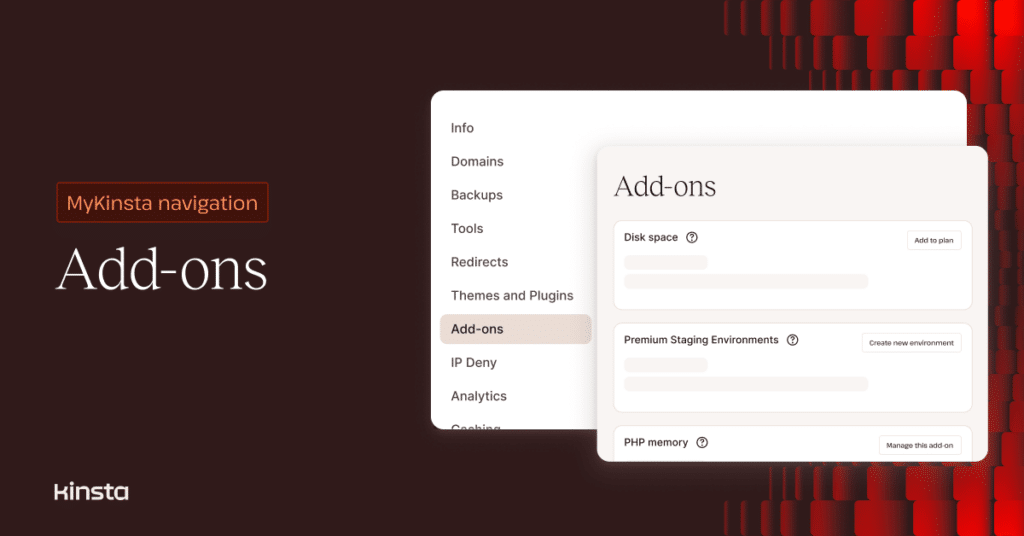 An illustration representing the Add-ons page interface and the words: MyKinsta navigation.