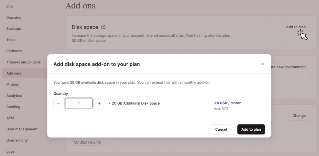 Screenshot showing a dialog for a self-service Add-on like extra disk space.