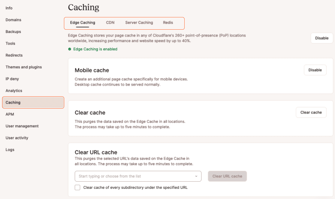 Ferramentas de cache agrupadas sob o novo item de menu Caching