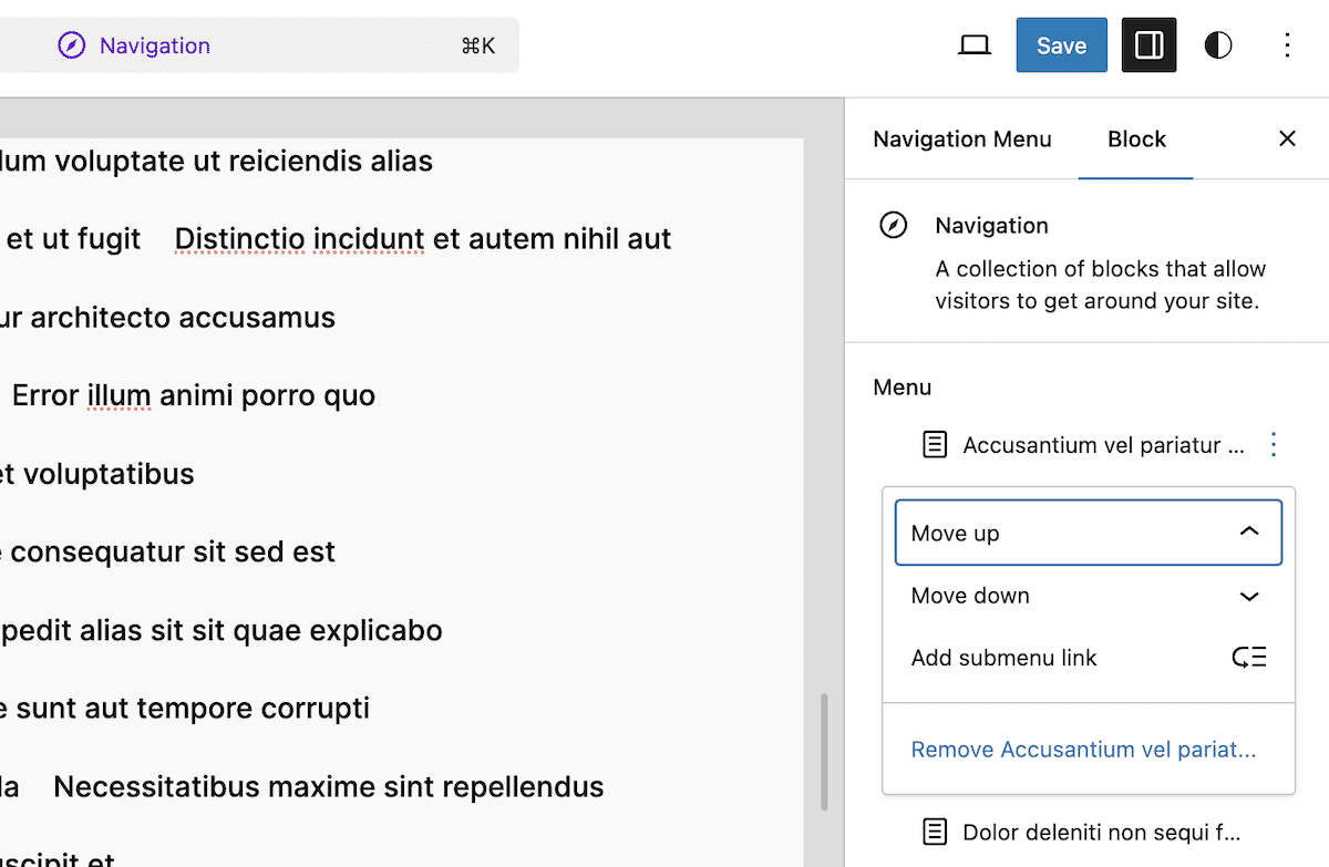 A close-up view of the Navigation Menu Block options within the Site Editor. It shows a drop-down menu of options for the first menu item to move them up or down, add submenu links, or remove items.